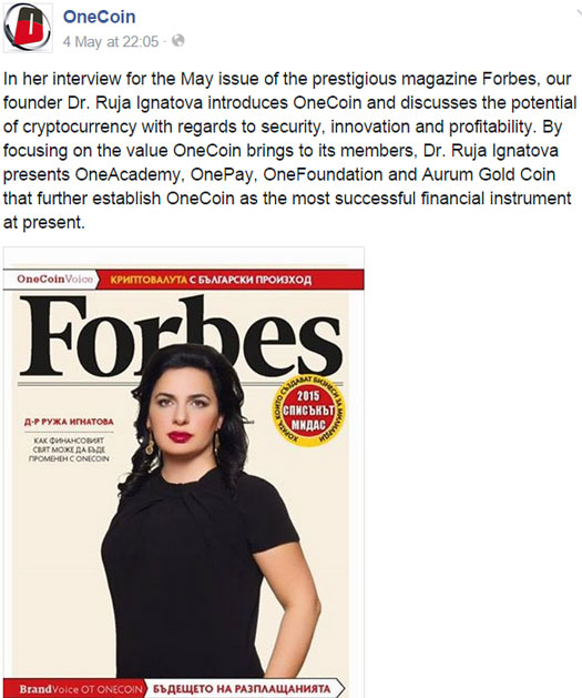 Ruja Ignatova s OneCoin Forbes cover a paid advertisement